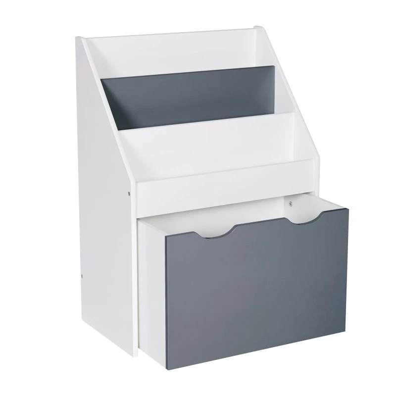 Детски Дървен Органайзер с Етажерка за Книжки и Ракла на Колелца за Съхранение на Играчки  - WHITE/GREYНов продукт